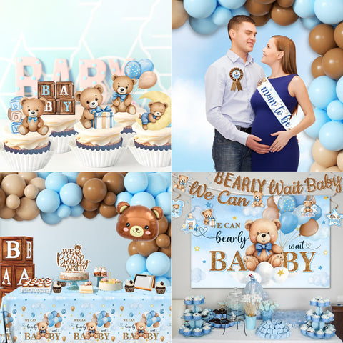 Juweked bear banner with hanging swirls brightens the backdrop for photos.