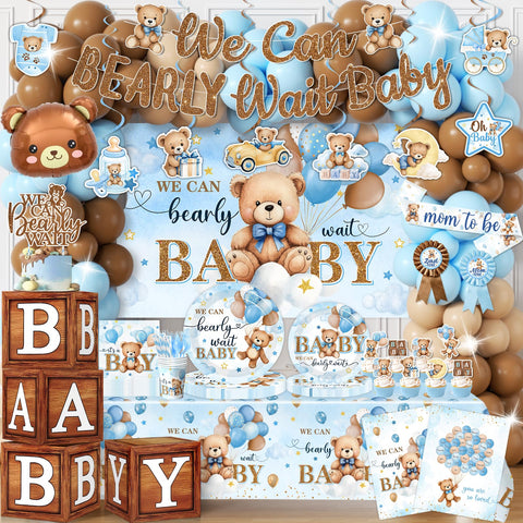 Juweked blue bear balloon arch kit creates a memorable centerpiece for a baby boy shower.