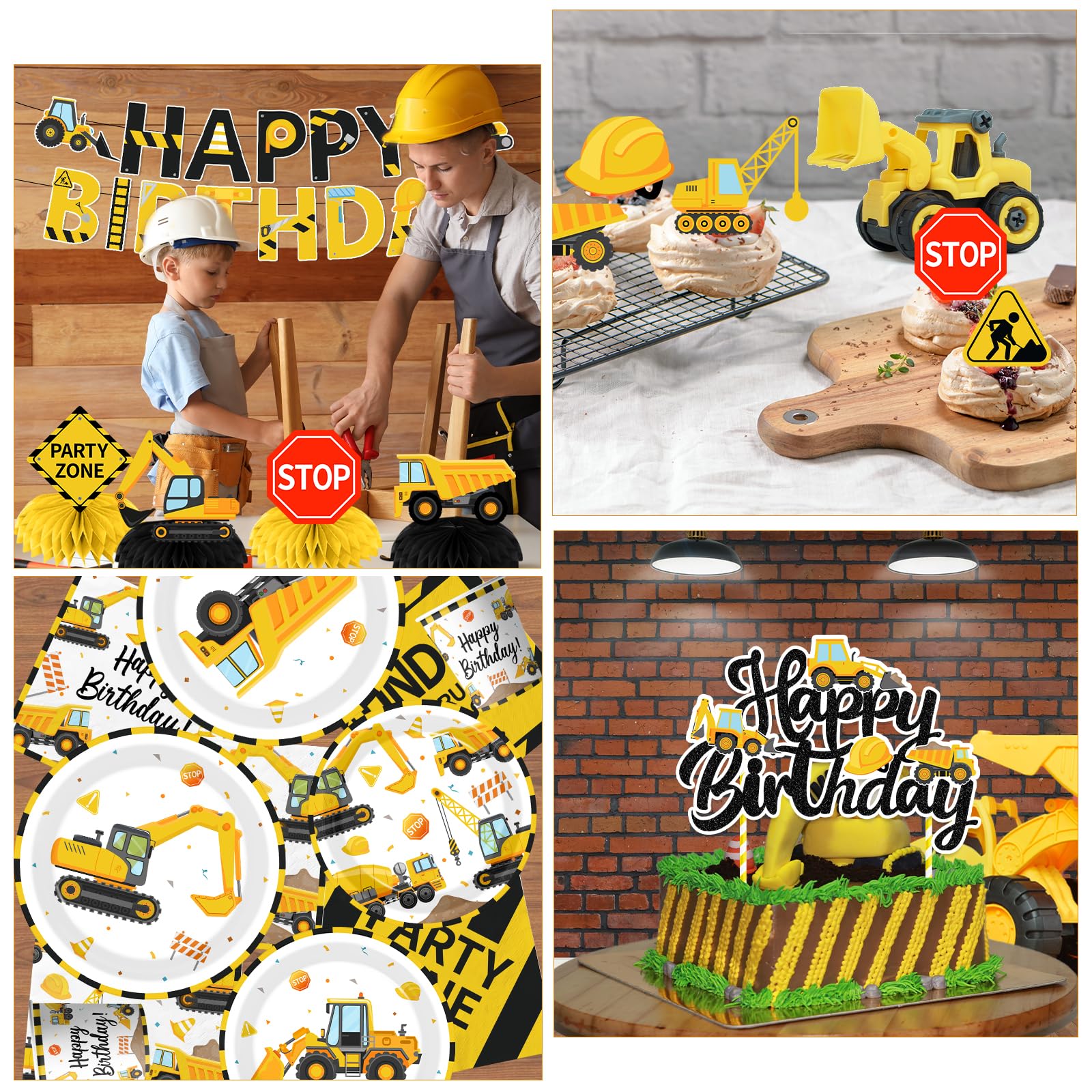 Juweked cake topper construction highlights the birthday theme.