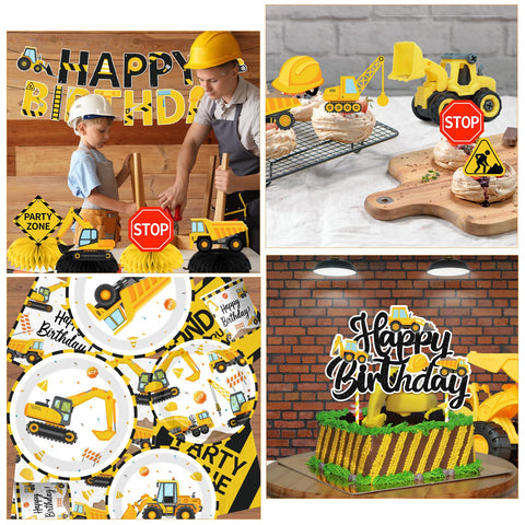 Juweked cake topper construction highlights the birthday theme.