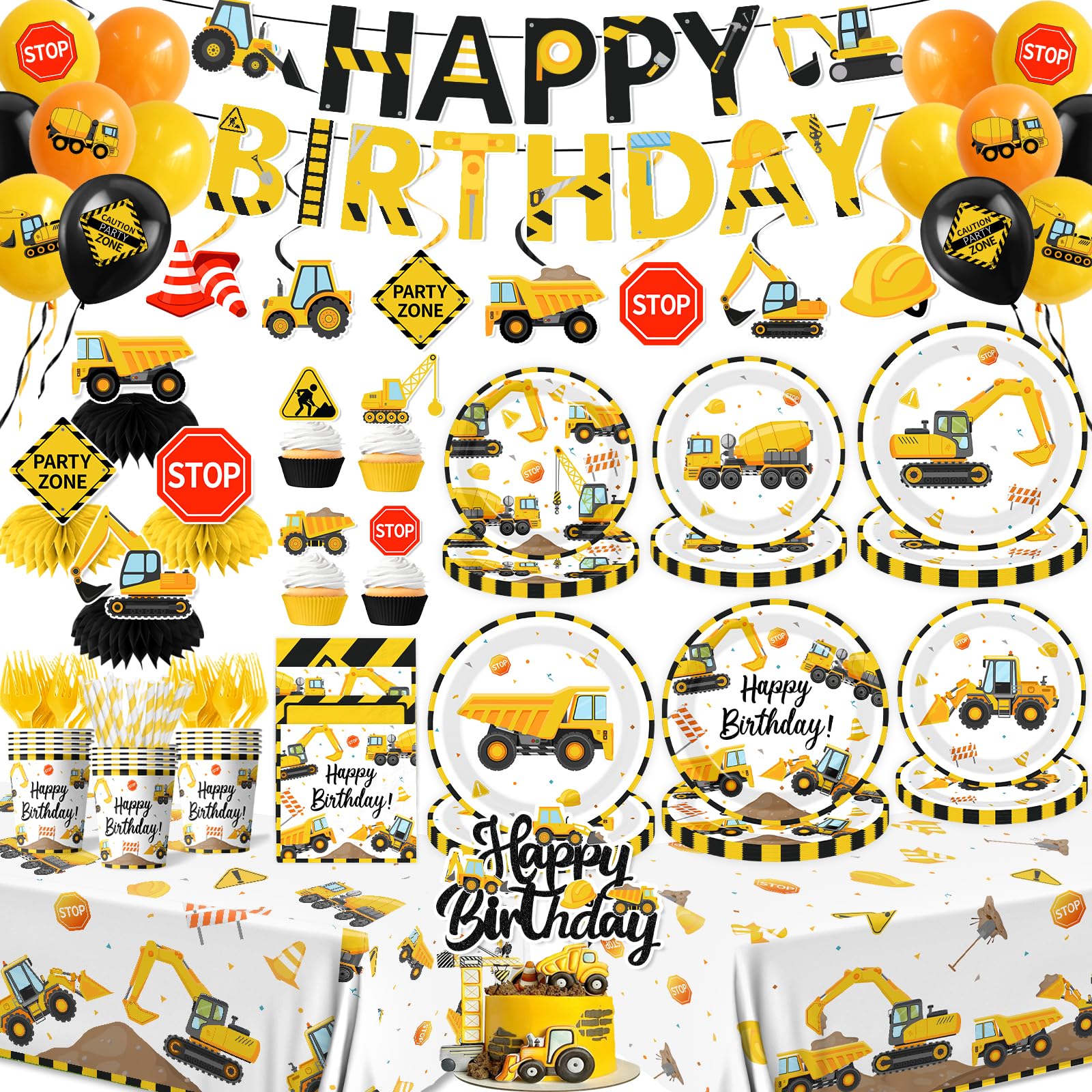 Juweked Construction plates with excavator designs for vibrant party meals.