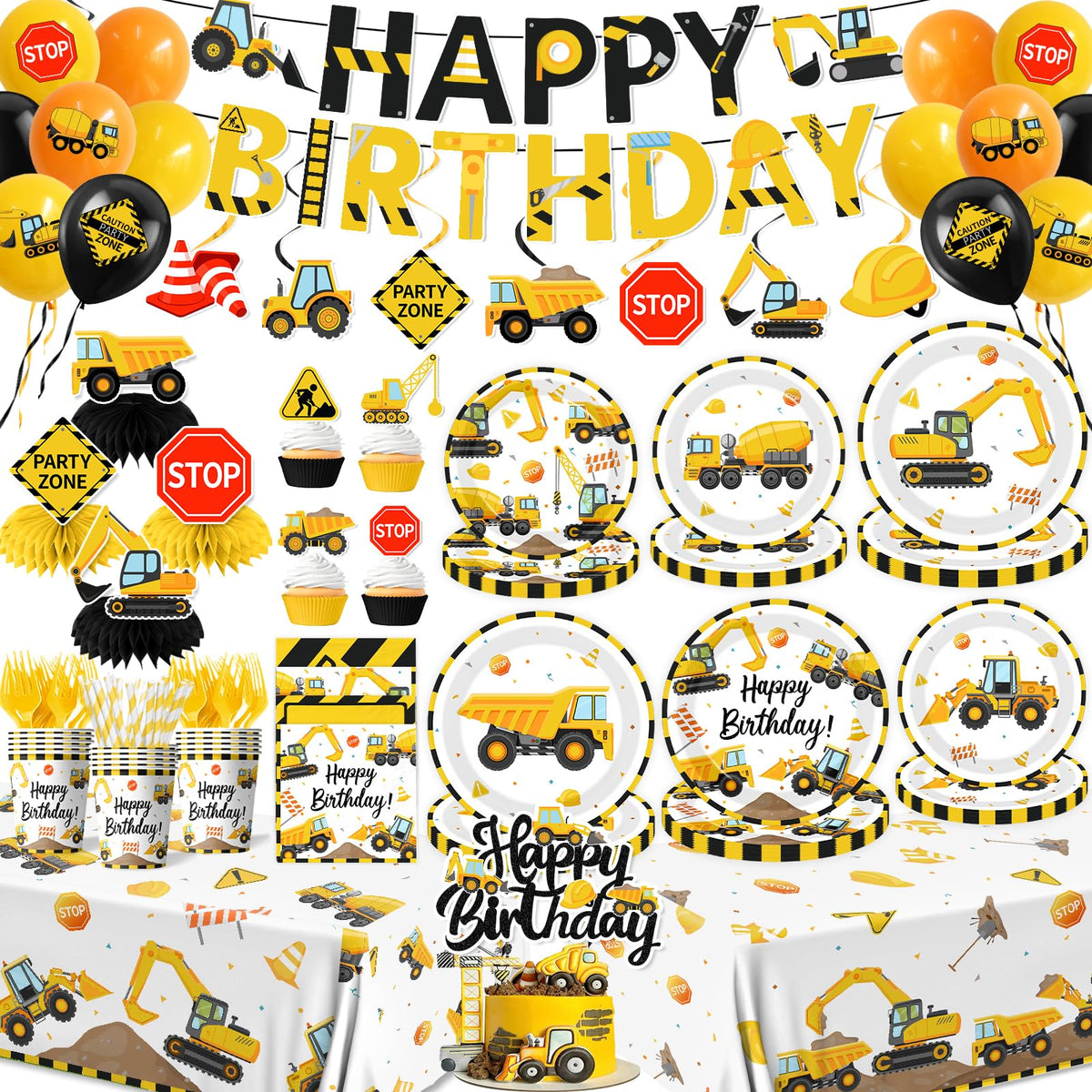 Juweked Construction plates with excavator designs for vibrant party meals.