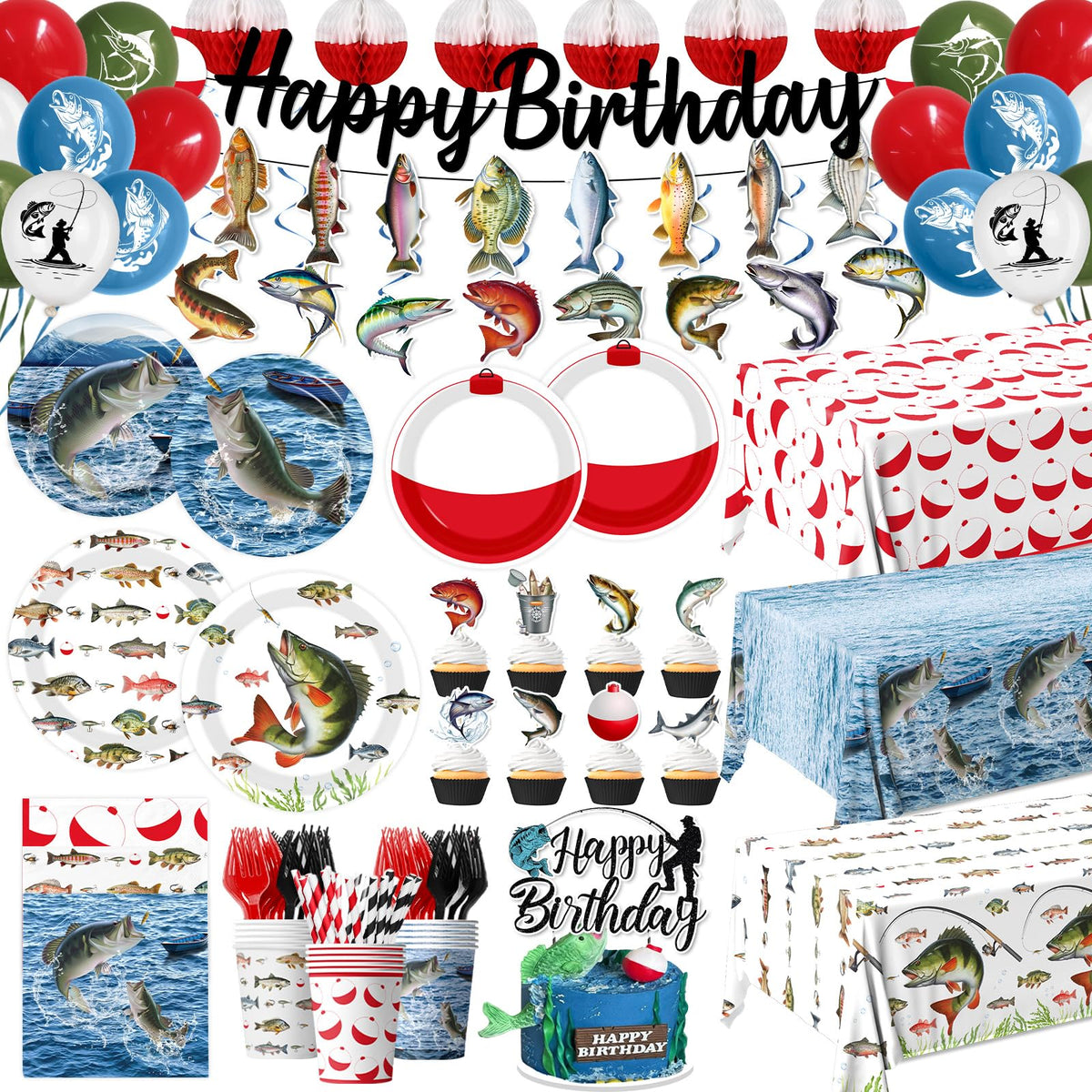 Juweked fishing party banner enhances the birthday backdrop for photos.