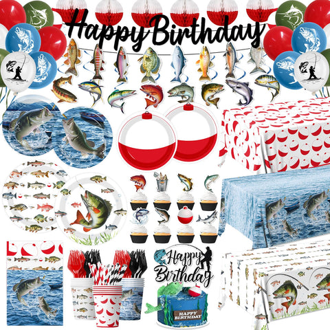 Juweked fishing party banner enhances the birthday backdrop for photos.