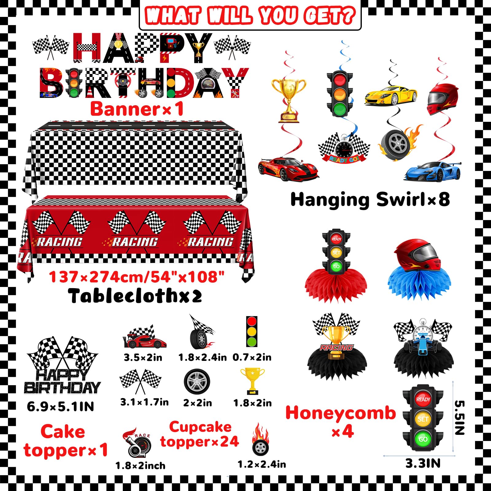 Juweked race car banner with swirls creates a festive backdrop