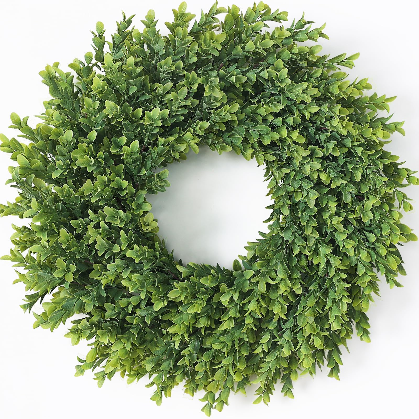 Juxdp 26-inch artificial boxwood wreath on front door for welcoming, low-maintenance decor.