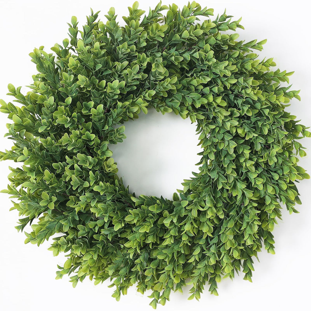 Juxdp 26-inch artificial boxwood wreath on front door for welcoming, low-maintenance decor.