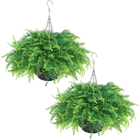 Juxdp artificial ferns in a hanging basket on the front porch with UV-resistant foliage.
