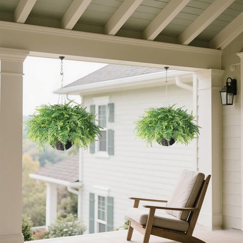 Two-pack setup showcased on patio with vibrant faux Boston ferns.