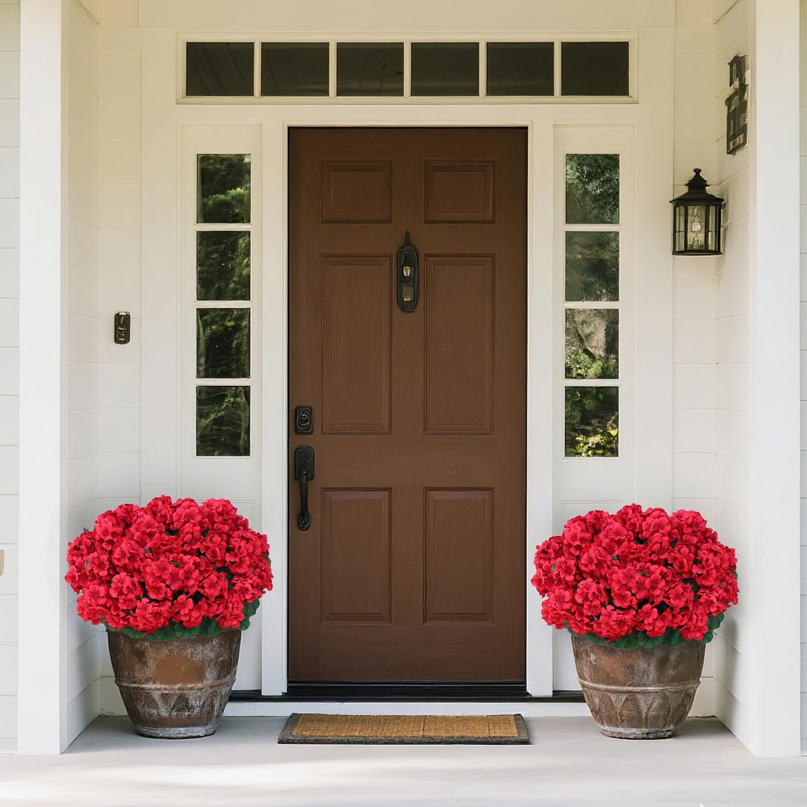 Juxdp geraniums with silk blooms; vibrant realism for year-round curb appeal.
