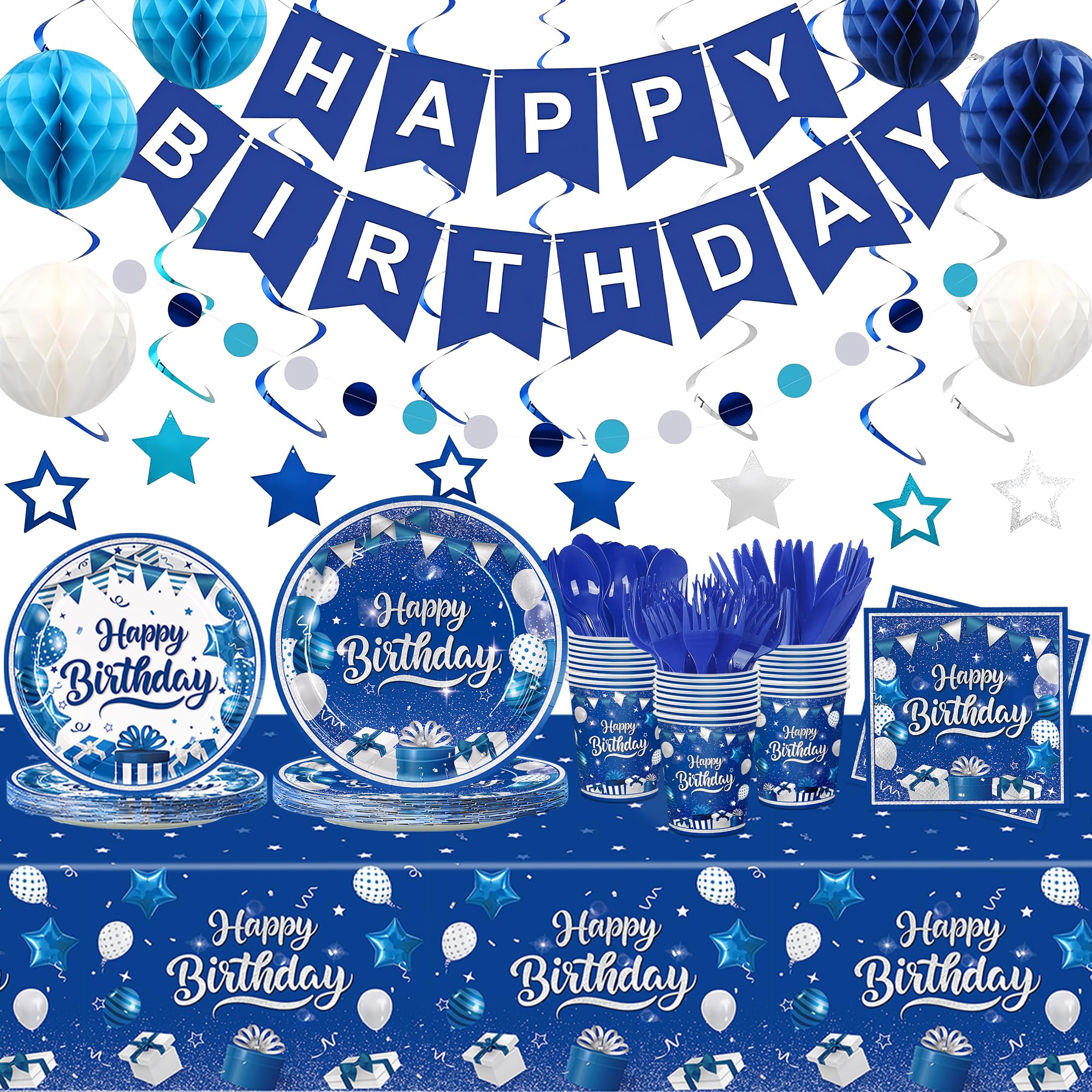 JVORFDG blue and silver dinner plates for a festive birthday table.
