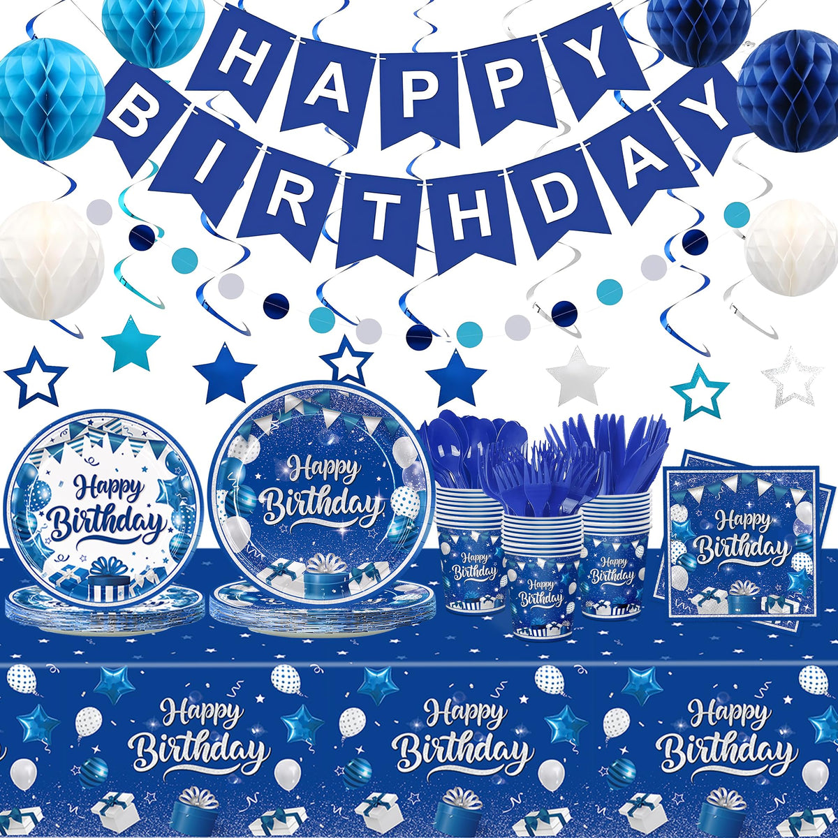 JVORFDG blue and silver dinner plates for a festive birthday table.