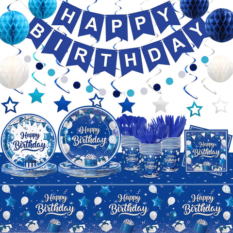 JVORFDG blue and silver dinner plates for a festive birthday table.