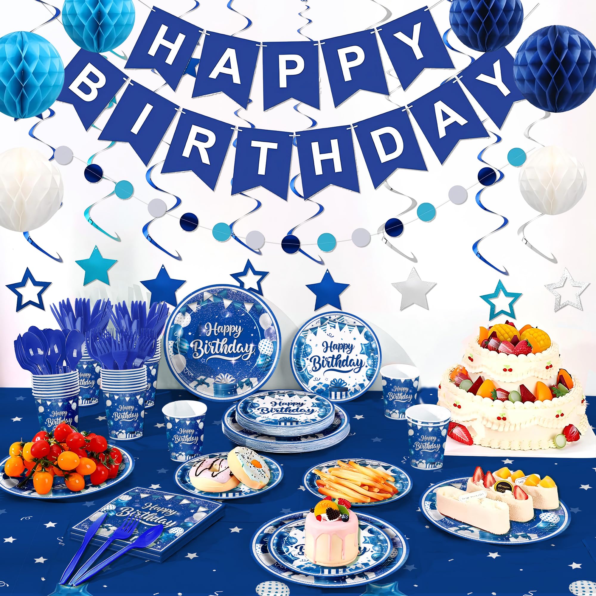 JVORFDG happy birthday banner and tablecloth create cohesive party visuals.
