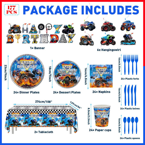 JVORFDG Monster Truck dessert plates 7-inch: vibrant racing-themed treats display.