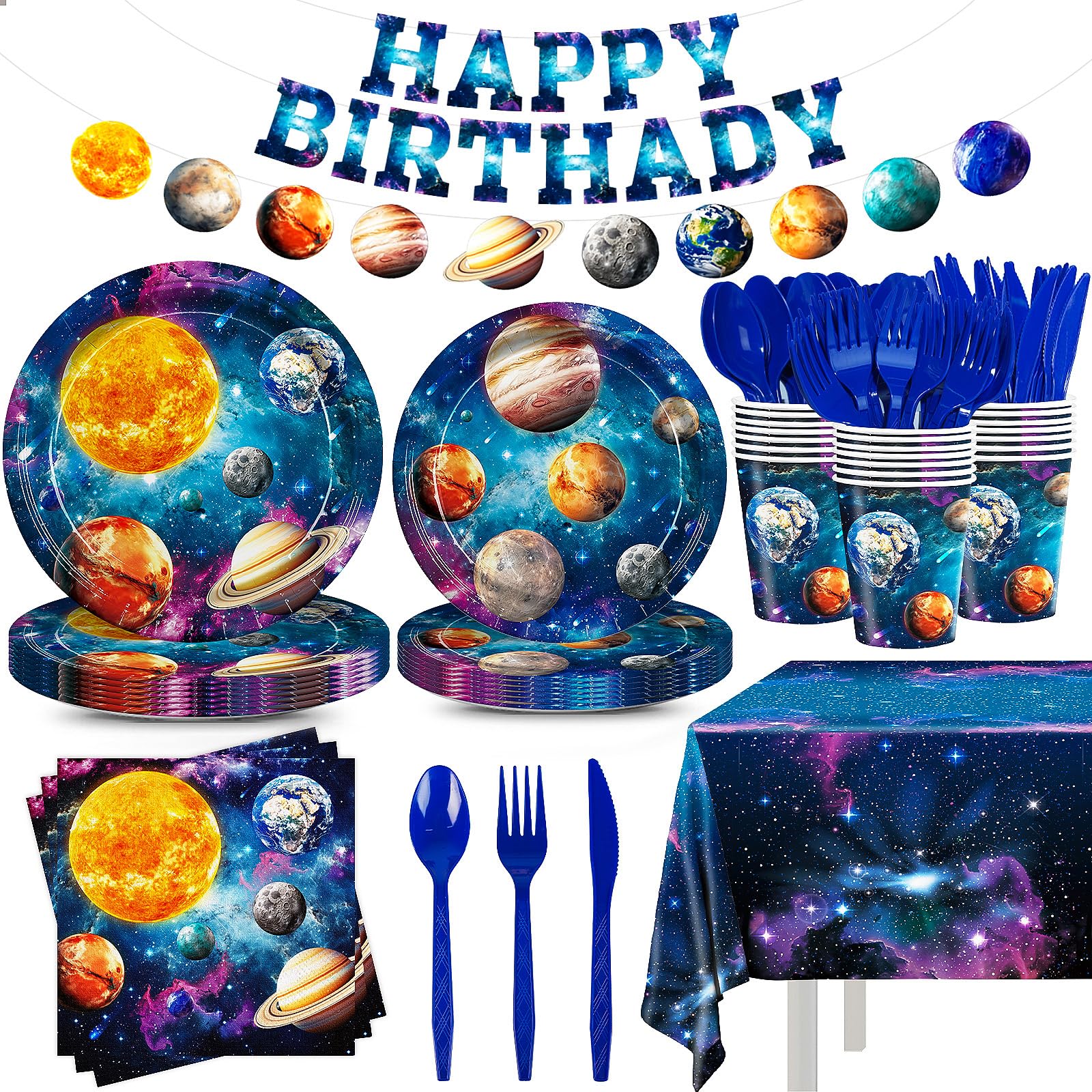 JVORFDG outer-space tablecloth creates a stellar backdrop for a 24-guest party.