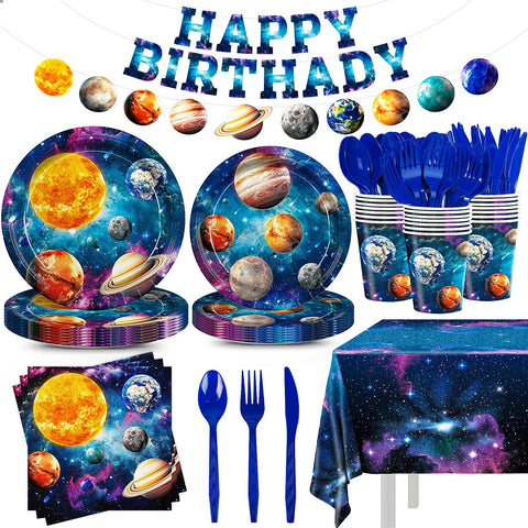 JVORFDG outer-space tablecloth creates a stellar backdrop for a 24-guest party.