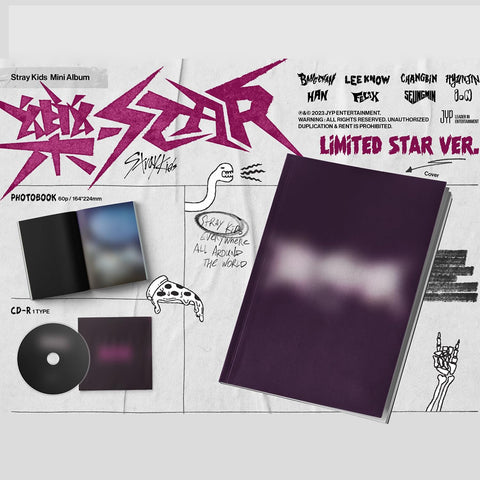 Stray Kids Rock-Star photobook pages open to bright photo spreads