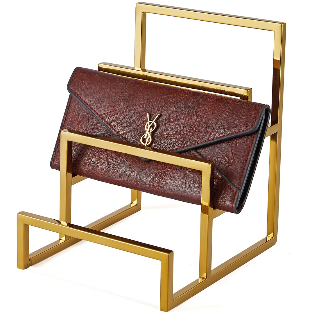 K KAIDIYIN polished gold 3-layer wallet display rack showing multiple wallets neatly.