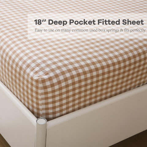 K MASANIJI taupe white plaid pattern close up for farmhouse style.