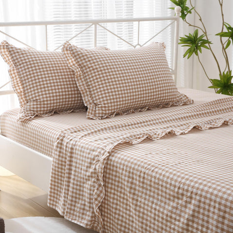 K MASANIJI top sheet with ruffle hem in taupe white plaid is soft and breathable.