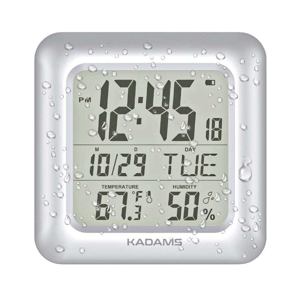 KADAMS bathroom clock with 9.5 inch LCD screen for easy viewing in steam-filled spaces.
