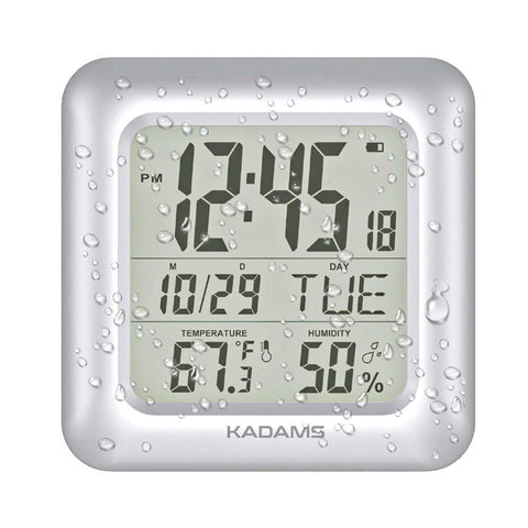KADAMS bathroom clock with 9.5 inch LCD screen for easy viewing in steam-filled spaces.