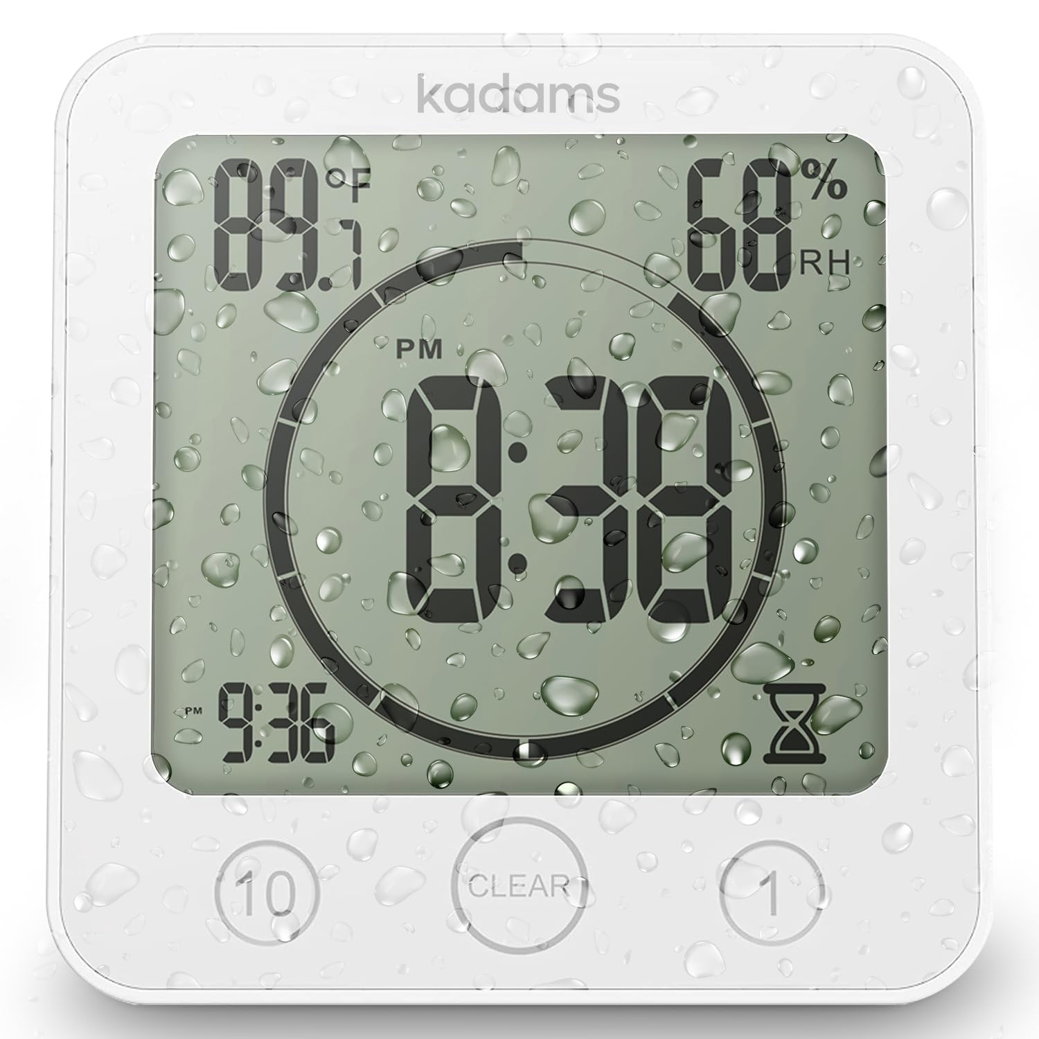 Kadams shower clock with digital display shows time and countdown for bathroom routines.