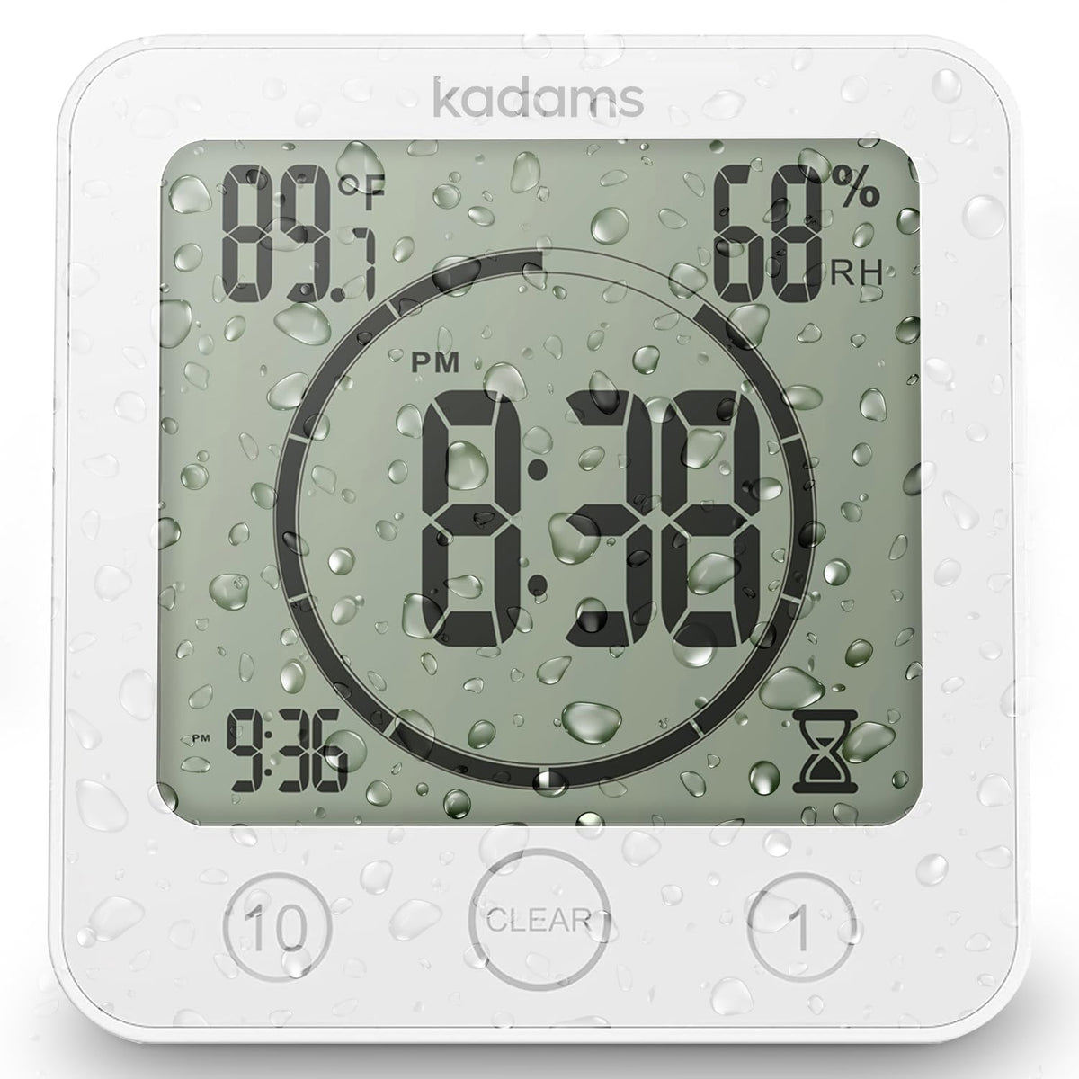 Kadams shower clock with digital display shows time and countdown for bathroom routines.