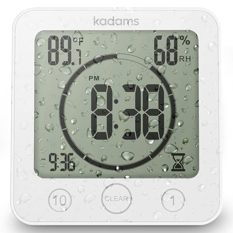 Kadams shower clock with digital display shows time and countdown for bathroom routines.