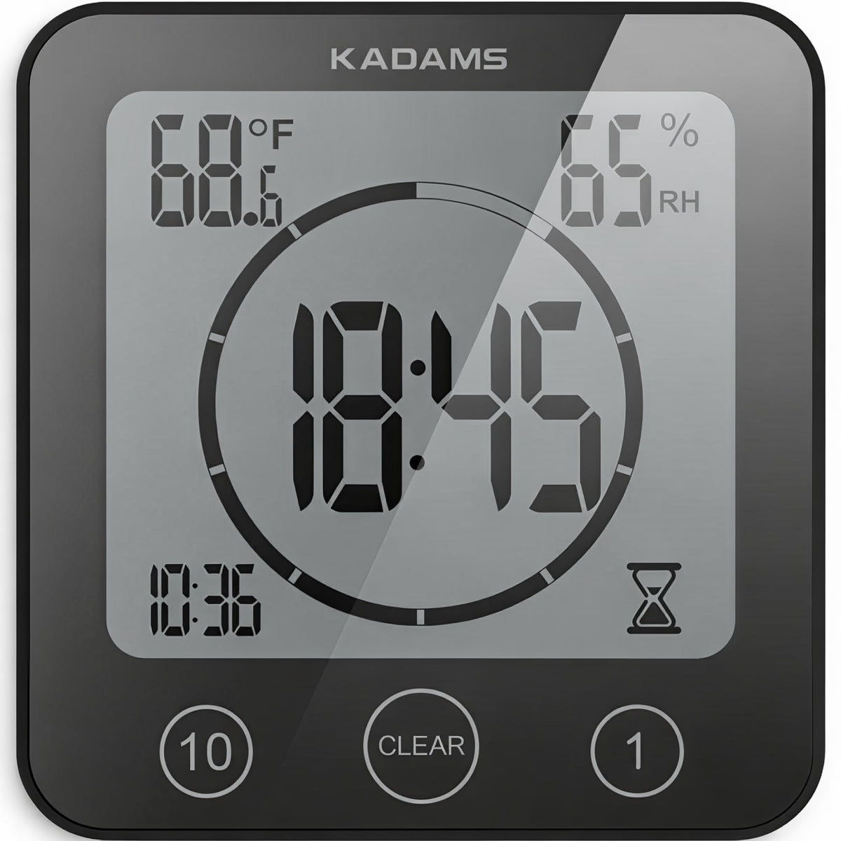 KADAMS Shower Clock front view shows time and countdown for shower routines.