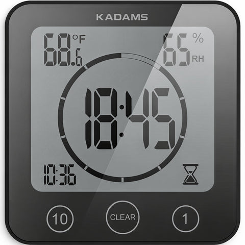KADAMS Shower Clock front view shows time and countdown for shower routines.