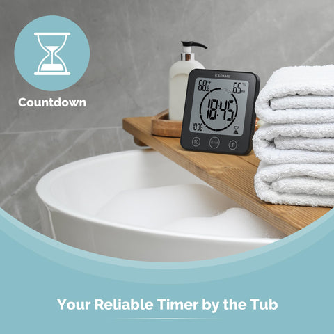 KADAMS Shower Clock IP54 icon emphasizes water resistance in a bathroom.