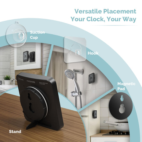 KADAMS Shower Clock suction cup installation shows flexible placement on any surface.