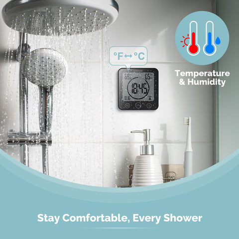 KADAMS Shower Clock temperature-humidity readouts help monitor bathroom conditions.