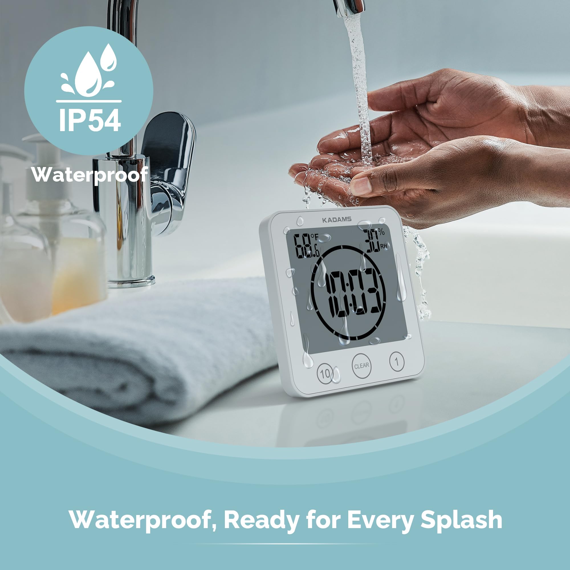 Kadams shower timer demonstrates IP54 waterproofing for reliable use in wet spaces.