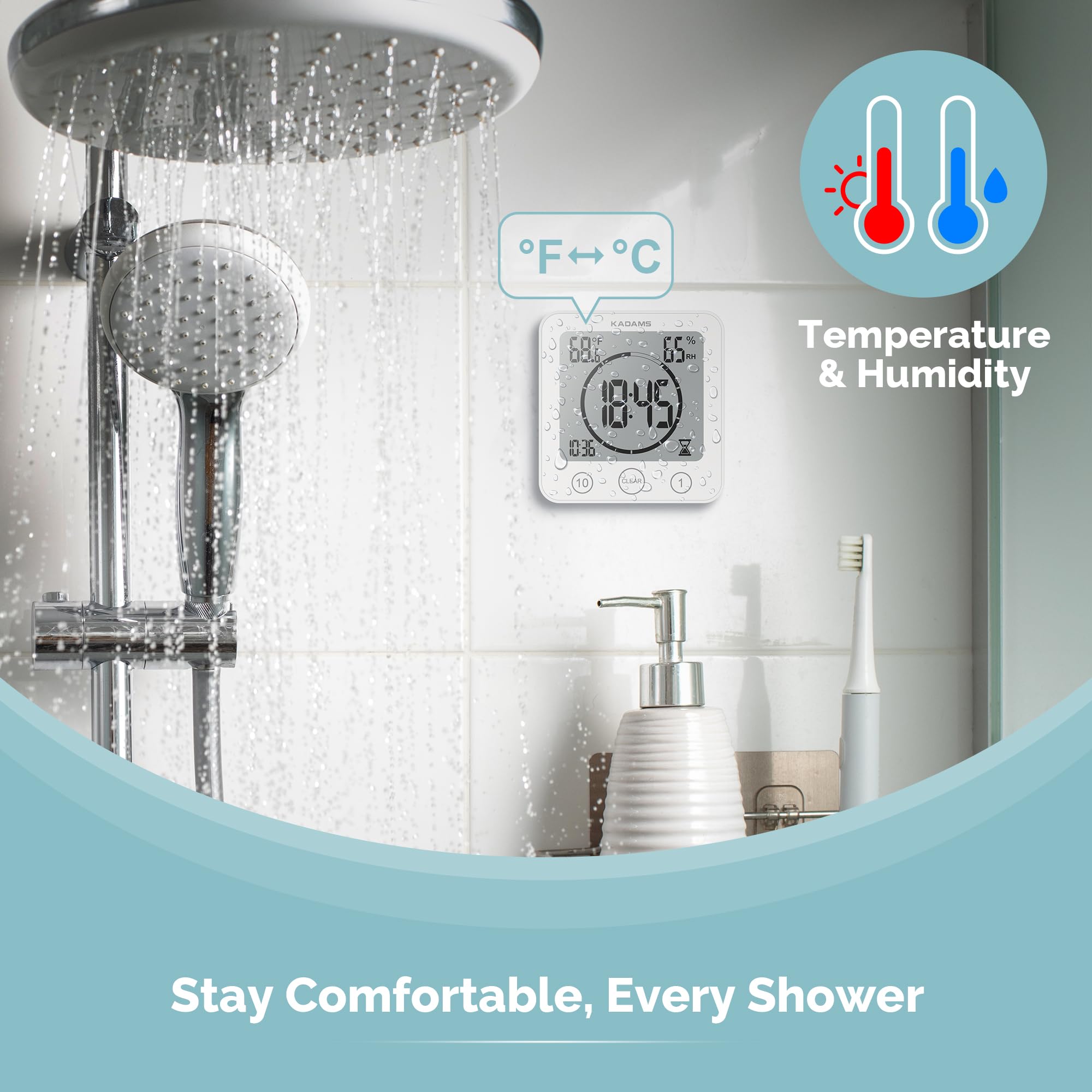 Kadams temperature humidity display helps monitor bath environment at a glance.