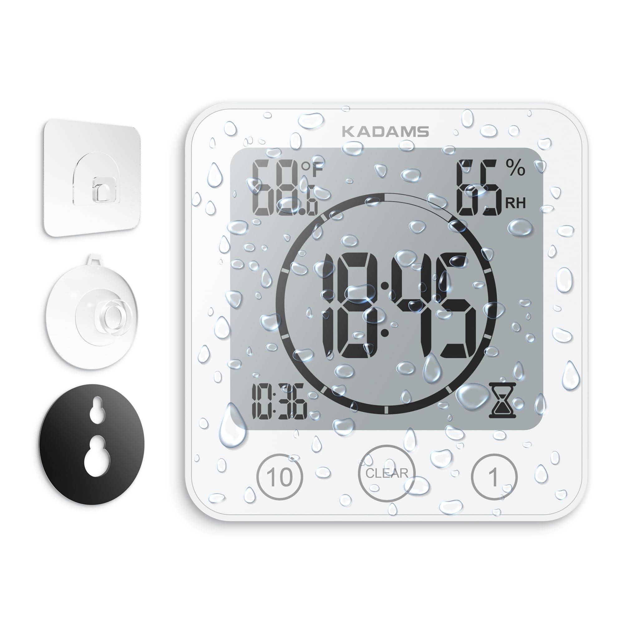 Kadams white wall clock blends with modern bathrooms and kitchens.