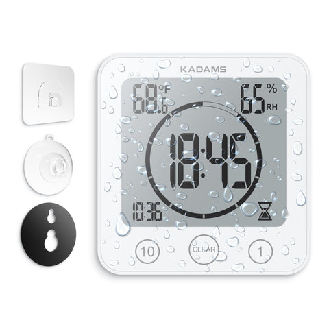 Kadams white wall clock blends with modern bathrooms and kitchens.