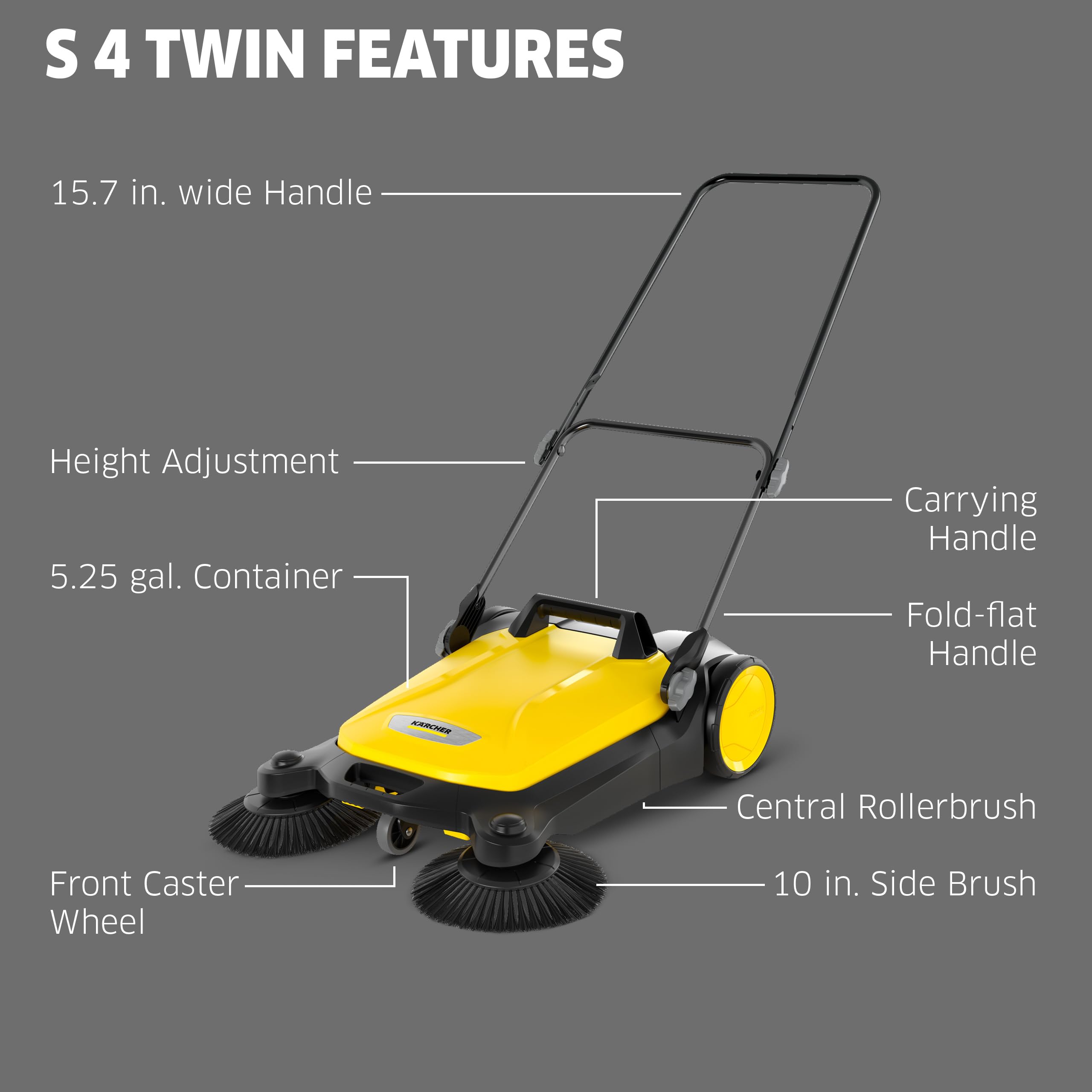 Kärcher S 4 Twin demonstrates wide 26.8-inch sweeping width for larger areas.