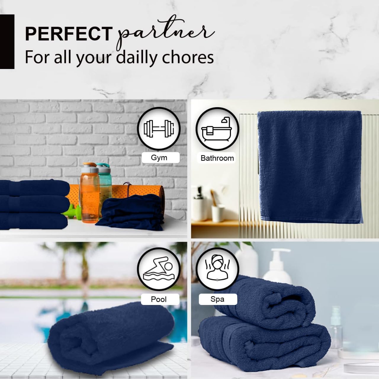 KAHAF COLLECTION navy towel packaging hints at value and six-pack convenience.