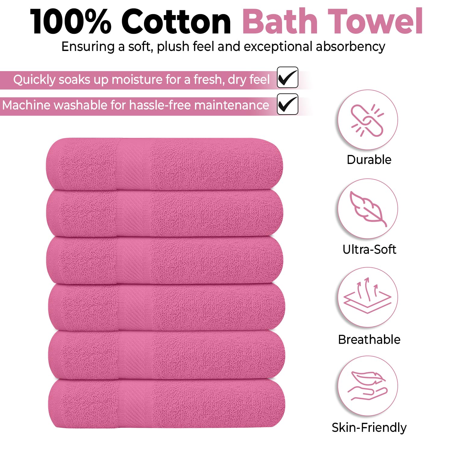 KAHAF COLLECTION six-pack pink towels stacked for easy storage and reuse.