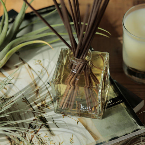 Kai diffuser reeds close-up reveal natural fibers and elegant design.