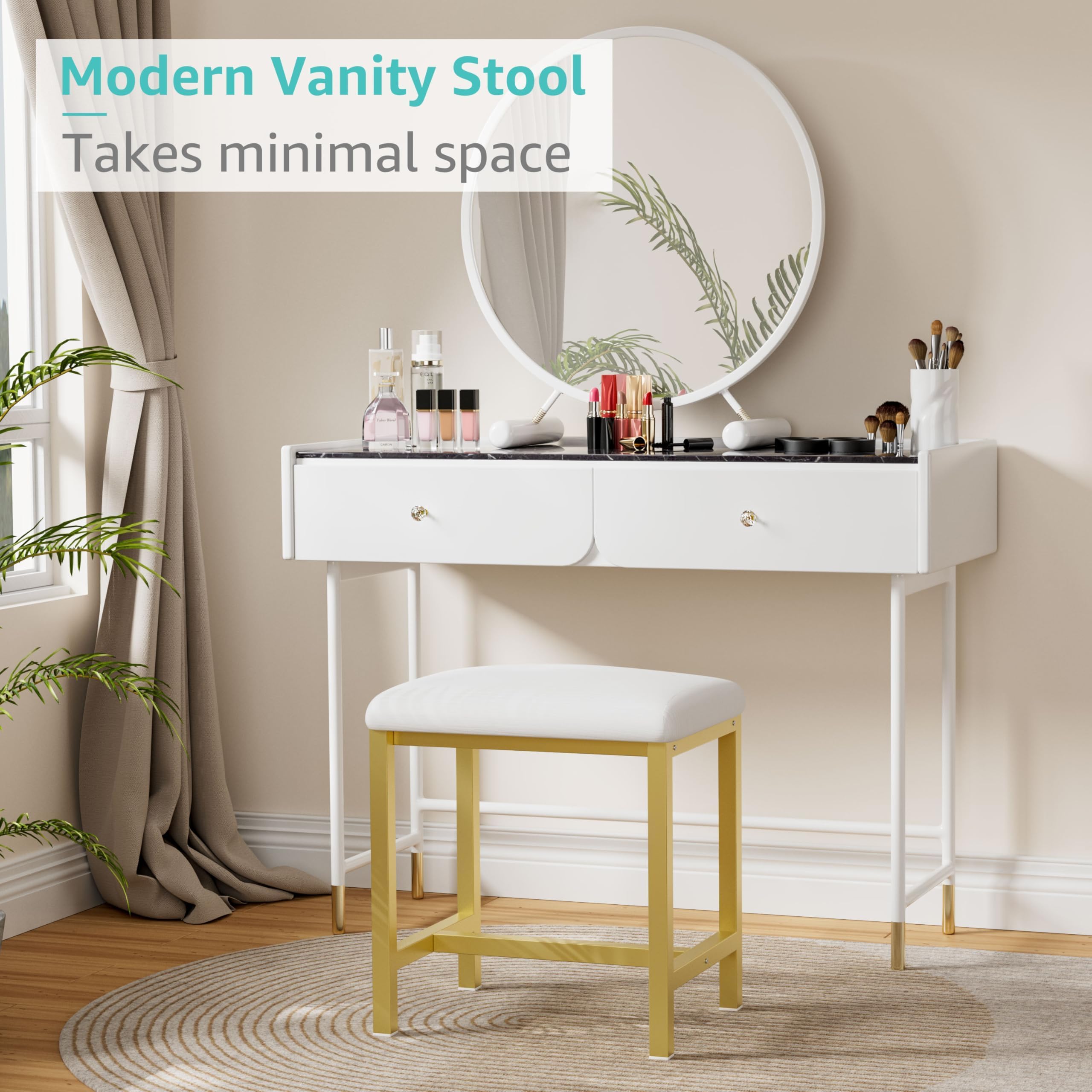 KAI-ROAD vanity stool shown in a bedroom setup for daily makeup routines