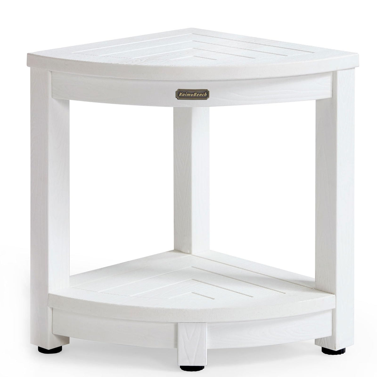 KaimuBench corner shower stool with corner-fit design and built-in storage for essentials.