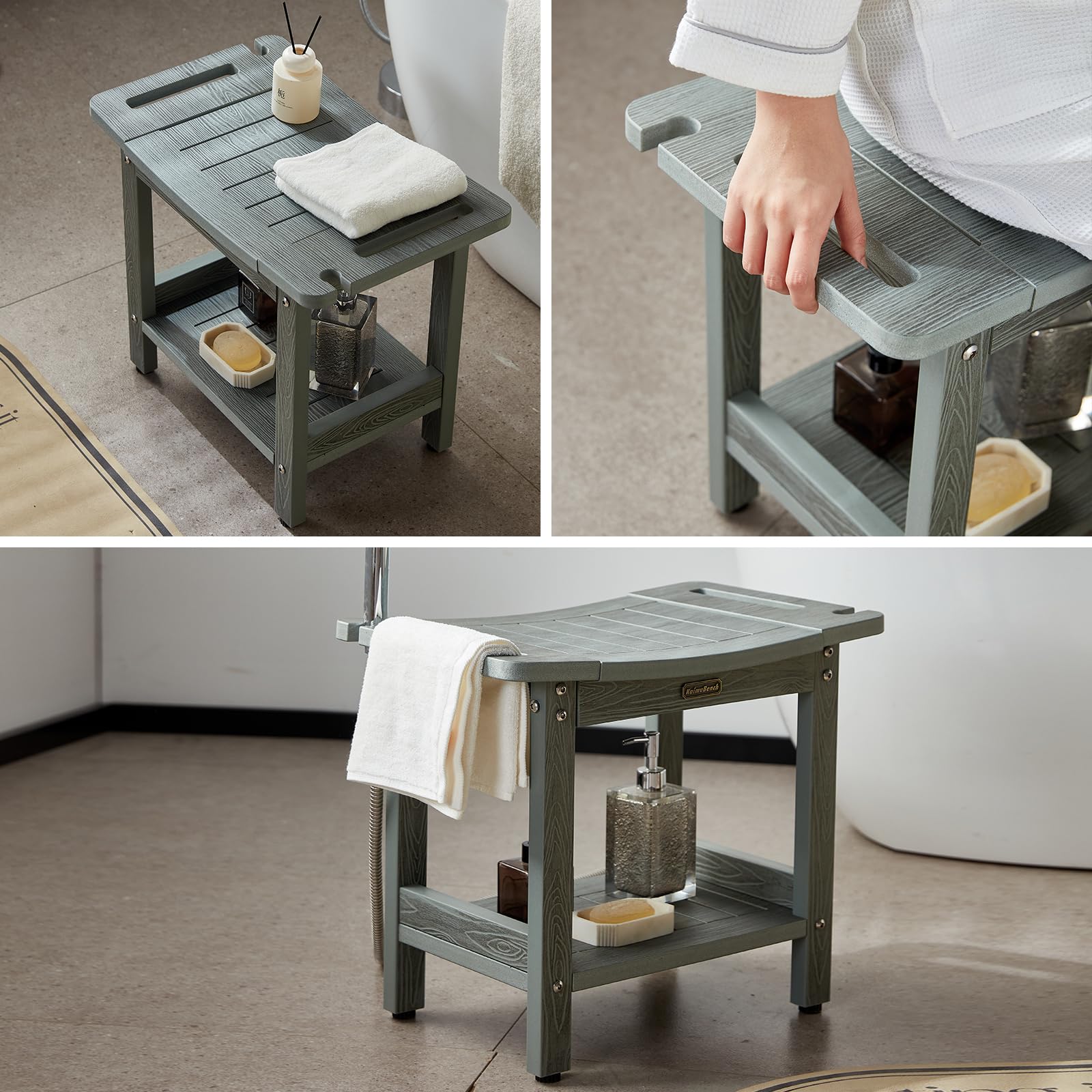 KaimuBench HDPS gray bathroom seat doubles as plant stand or small side table.