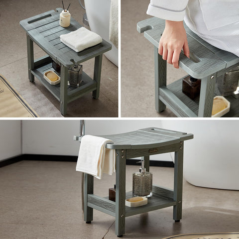 KaimuBench HDPS gray bathroom seat doubles as plant stand or small side table.