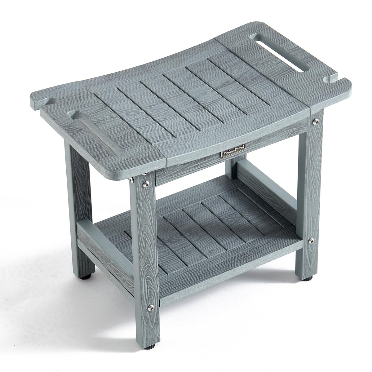 KaimuBench HDPS shower bench in gray with storage shelf for organized shower essentials.