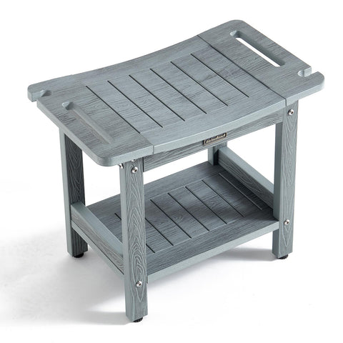KaimuBench HDPS shower bench in gray with storage shelf for organized shower essentials.