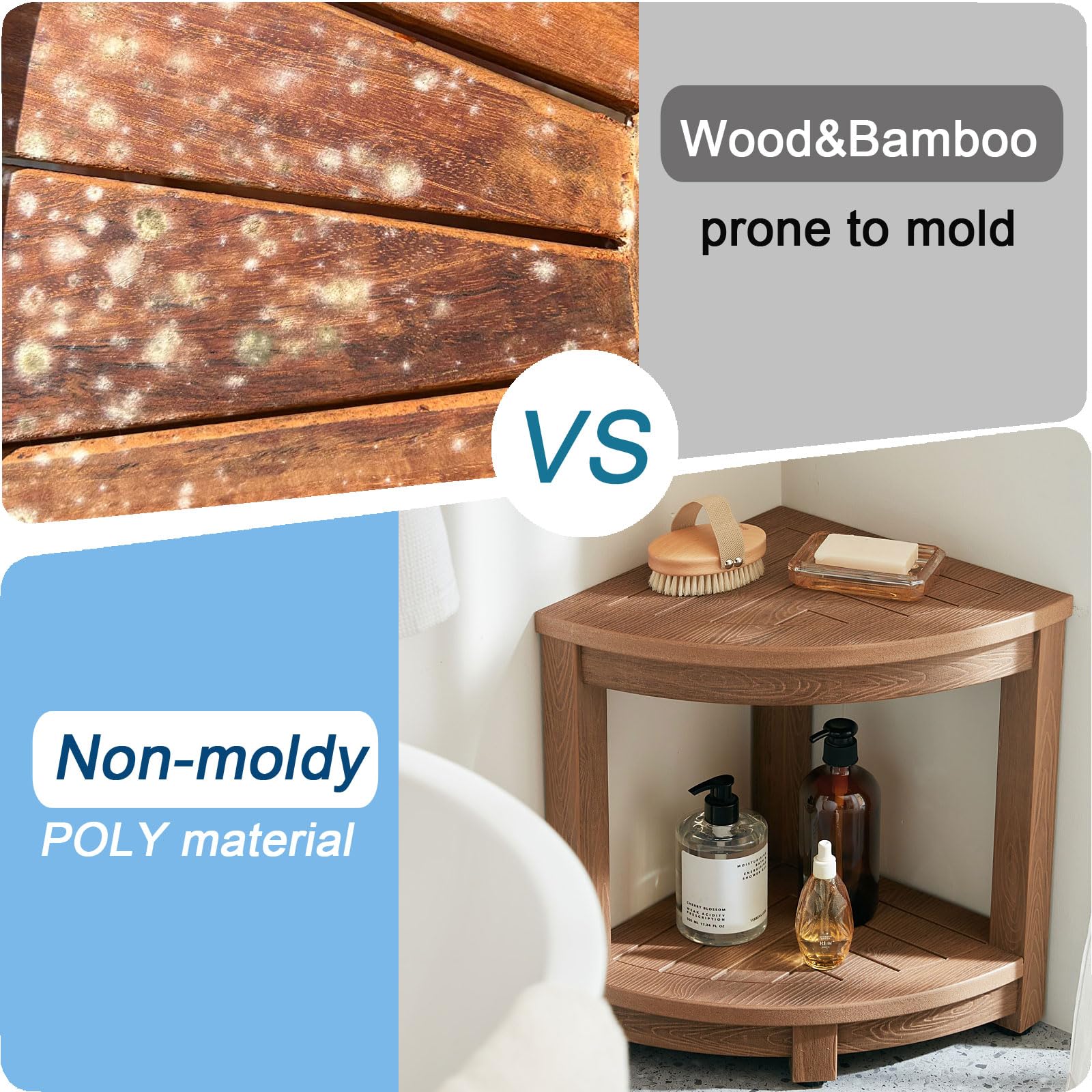 KaimuBench storage shelf keeps shampoo and soap handy while you shower.